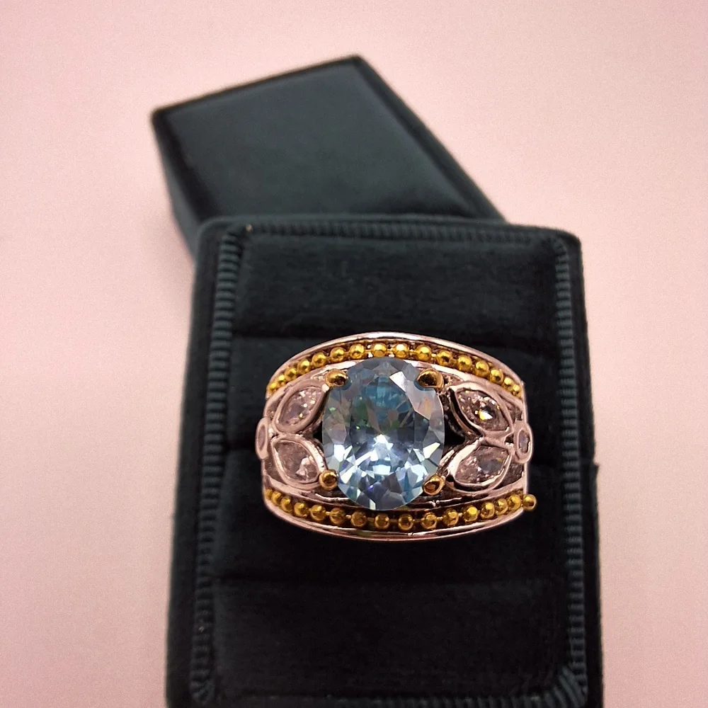 Blue Swarovski Crystal Oval Ring | Two-Tone Silver & Gold | Size 7